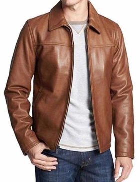 Mens Brown Shirt Style Collar Leather Jacket