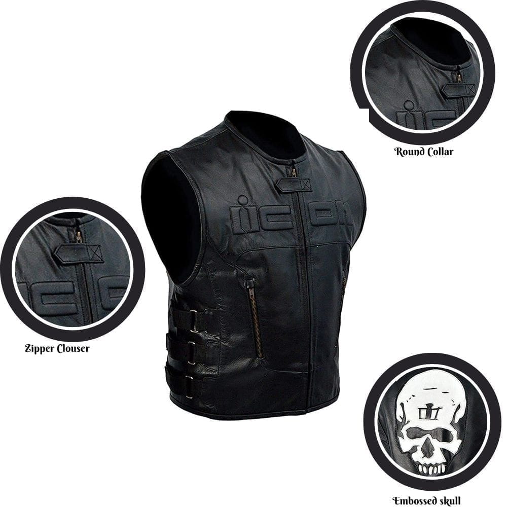 Icon Biker Black Skull Embossed Leather Vest