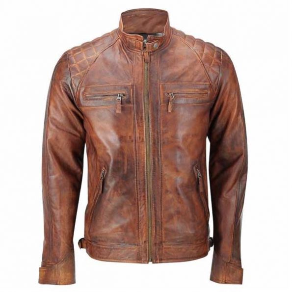 Brown Distressed Cafe Racer Leather Jacket | Quilted Jacket