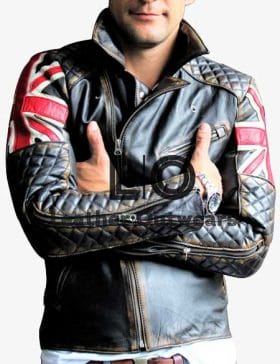 Union Jack Cafe Racer Quilted Sleeves Distressed Jacket