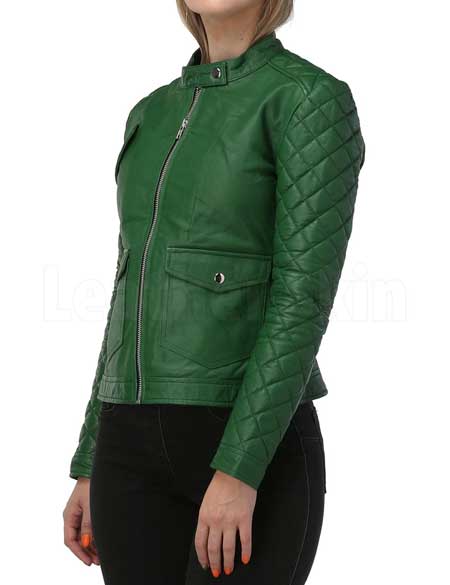Women Quilted Sleeves Green Leather Jacket