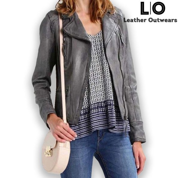 womens style grey motorcycle leather jacket