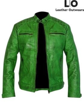 Men's Retro Style Biker Quilted Green Leather Jacket