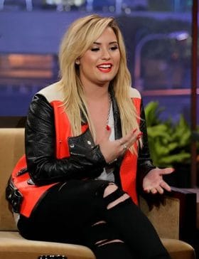 Tonight Show With Jay Leno Demi Lovato Biker Orange Leather Jacket